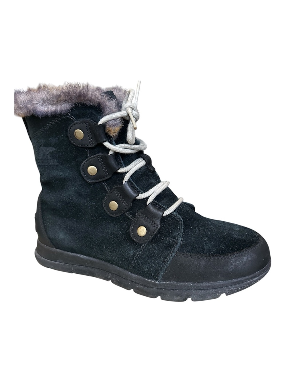 Sorel Black Suede Faux-Fur Trim Lace-Up Winter Boots Women’s Size 8